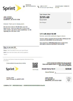 USA Sprint (T-Mobile) utility bill template in Word and PDF format