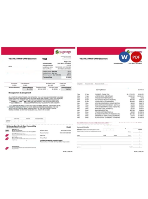 USA St. George bank visa card statement, Word and PDF template, 3 pages