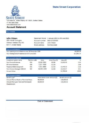 USA State Street Corporation bank statement template in Word and PDF format