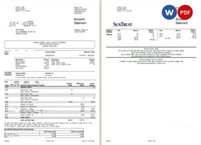 USA Suntrust bank account statement Word and PDF template, 2 pages