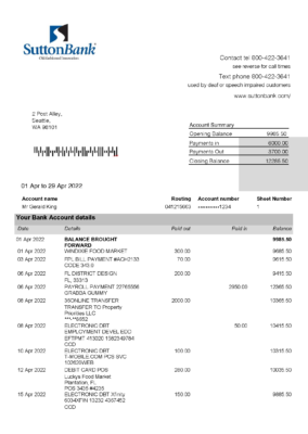 USA Sutton Bank Account Statement Template in Word & PDF formats – 2 pages