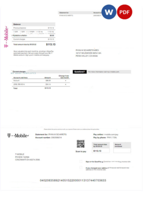 USA T-Mobile utility bill Word and PDF template