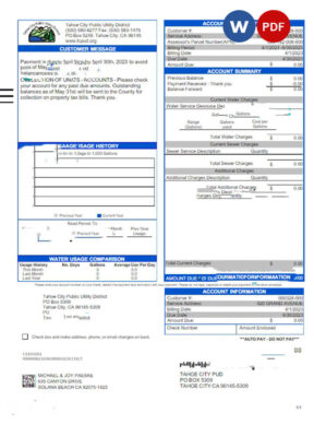 USA TAHOE CITY PUBLIC UTILITY utility bill Word and PDF template