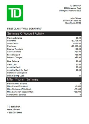 USA TD bank credit card statement template in Word and PDF format