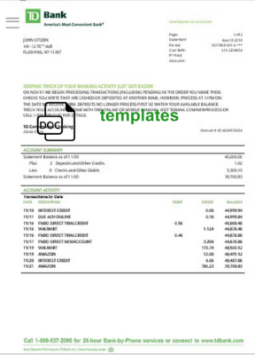 USA TD bank statement template, Word and PDF format (.doc and .pdf)