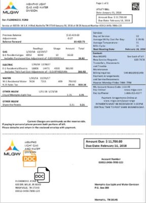 USA Tennesse MLGW utility bill template in Word and PDF format