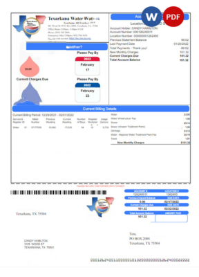 USA TEXARKANA WATER UTILITIES utility bill Word and PDF template