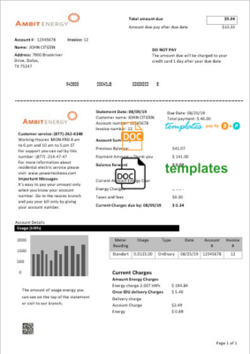 USA Texas Ambit Energy utility bill template in Word and PDF format