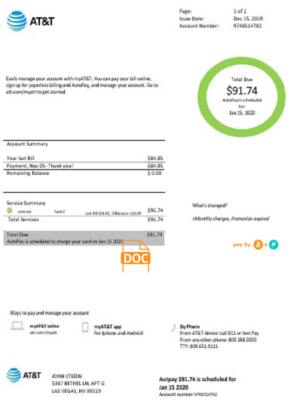 USA Texas AT&T easy to fill utility bill template in Word and PDF format