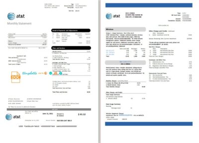 USA Texas AT&T telecommunications utility bill template in Word and PDF format (2 pages)