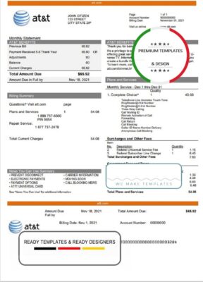 USA Texas AT&T telecommunications utility bill template in Word and PDF format