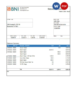 USA Texas BNI bank account statement Word and PDF template