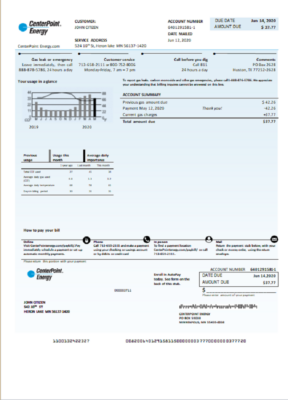 USA Texas Center Point Energy utility bill template in Word and PDF format