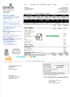 USA Texas Champion Energy Services proof of address utility bill template in Word and PDF format