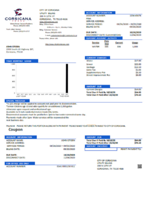 USA Texas City of Corsicana utility bill template in Word and PDF format