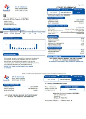 USA Texas City of Duncanville water, sewer, garbage utility bill template in Word and PDF format