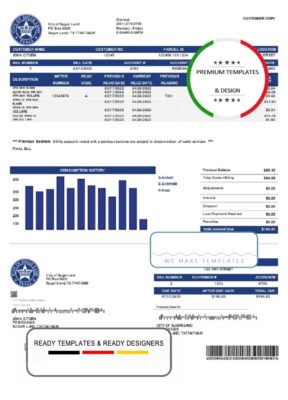 USA Texas City of Sugar Land utility bill template in Word and PDF format