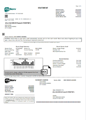 USA Texas CoServ utility bill template in Word and PDF format