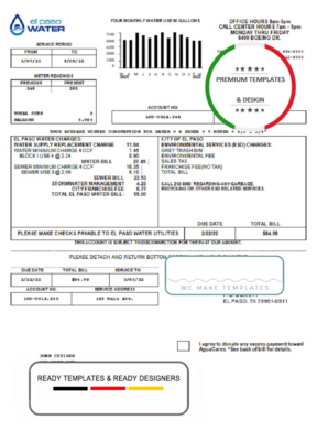 USA Texas El Paso Water utility bill template in Word and PDF format