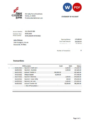 USA Texas First Citizens bank statement Word and PDF template