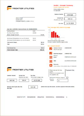 USA Texas Frontier Utilities utility bill template in Word and PDF format