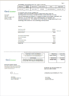 USA Texas Gexa Energy utility bill template in Word format