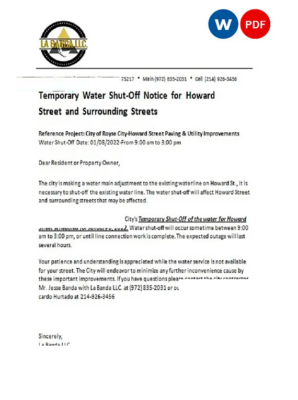 USA Texas La Banda utility water shut off notice, Word and PDF template