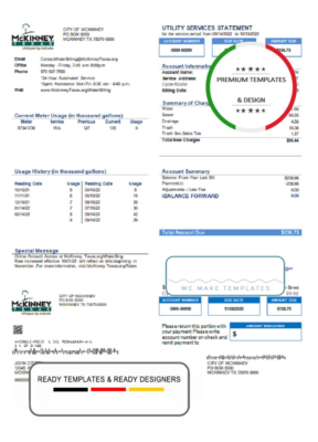 USA Texas McKinney utility bill template in Word and PDF format