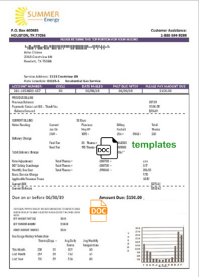 USA Texas Summer Energy easy fillable utility bill template in Word and PDF format