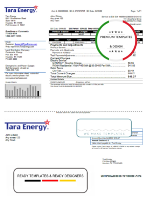 USA Texas Tara Energy utility bill template in Word and PDF format