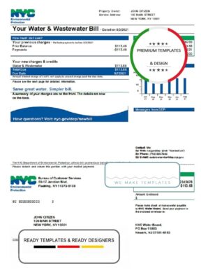 USA The New York City Department of Environmental Protection (DEP) utility bill template in Word and PDF format