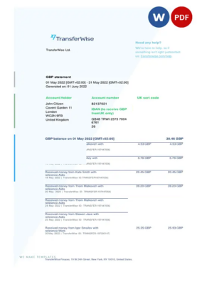 USA TransferWise Finances bank statement template in Word and PDF format