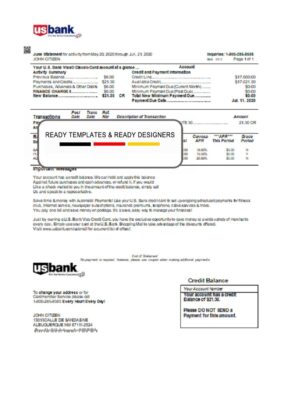 USA U.S. bank credit card statement template in Word and PDF format