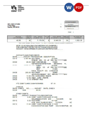 USA USAA bank statement Word and PDF template, 5 pages