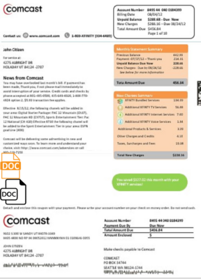 USA Utah Comcast utility bill template in Word and PDF format