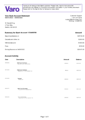 USA Varo Bank Account Statement Template in Word & PDF formats – 2 pages