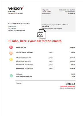 USA Verizon telecommunications utility bill template in Word and PDF format