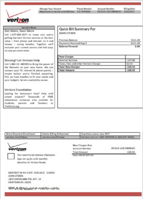 USA Verizon utility bill template in Word and PDF format