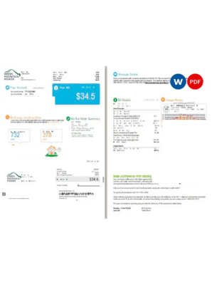 USA Vermont Green Mountain Power utility bill, Word and PDF template, 2 pages