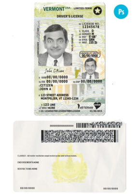 USA Vermont state vertical driving license editable PSD template, under 21