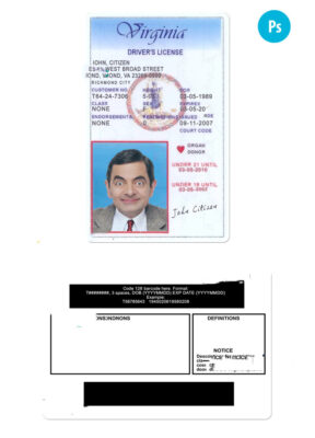 USA Virginia state vertical driving license editable PSD template, under 21