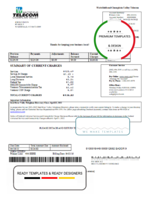 USA Waitsfield Telecom utility bill template in Word and PDF format