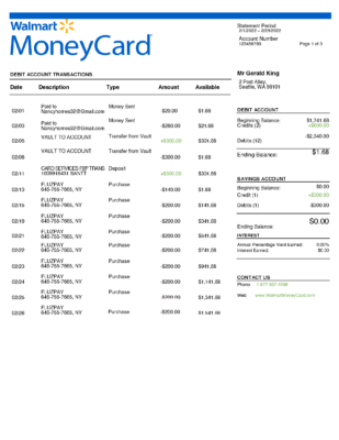 USA Walmart Money Card Account Statement Template in Word & PDF formats – 3 pages