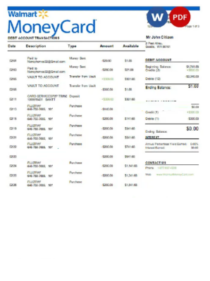 USA Walmart MoneyCard bank statement Word and PDF template, 3 pages