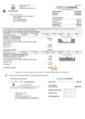 USA Washington Chelan County PUD utility bill template in Word and PDF format