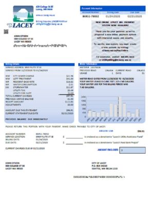 USA Washington City of Lacey water utility bill template in Word and PDF format (proof of address)