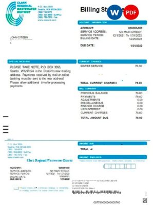 USA Washington Clark Regional Wastewater District utility bill, Word and PDF template