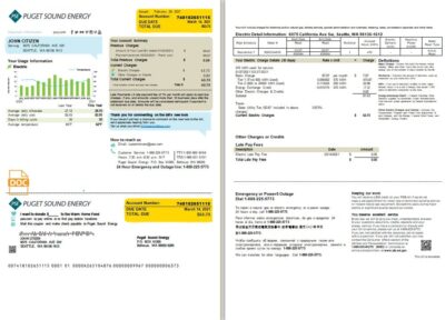 USA Washington Puget Sound Energy utility bill template in Word and PDF format (2 pages), version 2