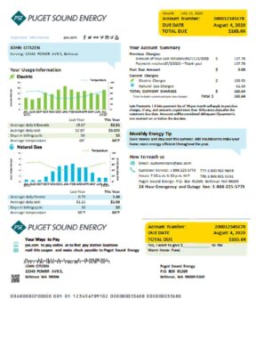 USA Washington Puget Sound Energy utility bill template in Word and PDF format