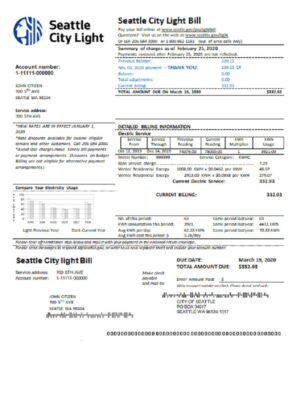 USA Washington Seattle City Light utility bill template in Word and PDF format